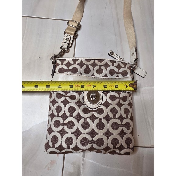 Coach Signature C Monogram Crossbody Bag Brown White Leather Trim Turnlock - Picture 14 of 16